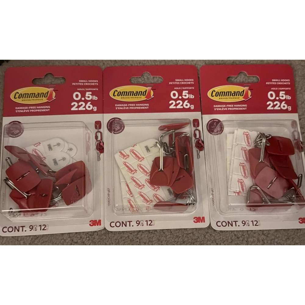 3M Command Red Small Wire Hooks -9 Hooks, 12 Strips - holds .5lbs Lot of 3